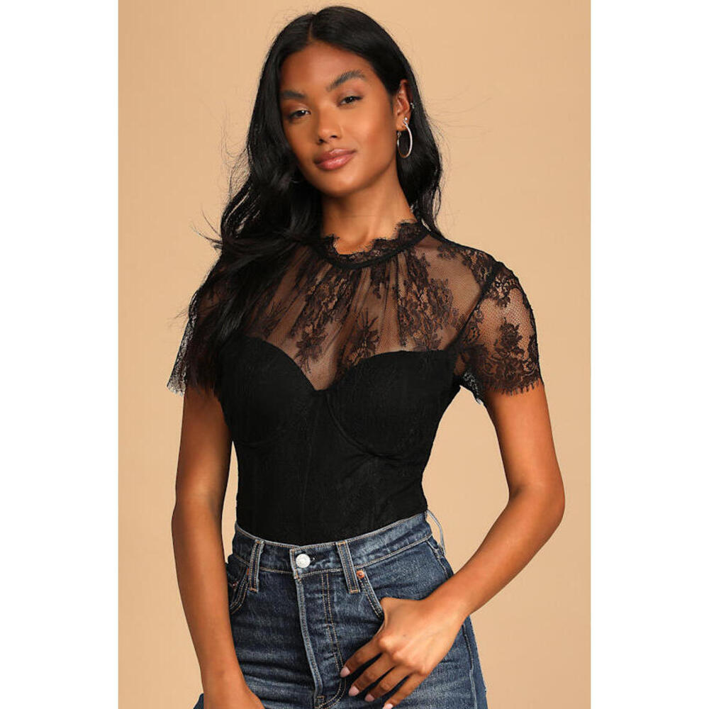 Lulus Alluring Charisma Black Lace Bustier Short Sleeve Bodysuit - Size S